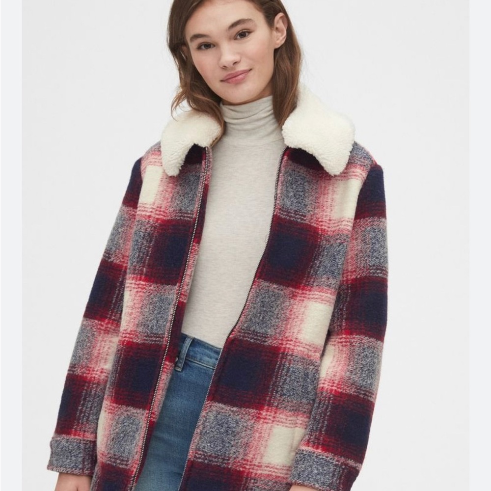 Gap Plaid Zip Up Coat with faux fur collar